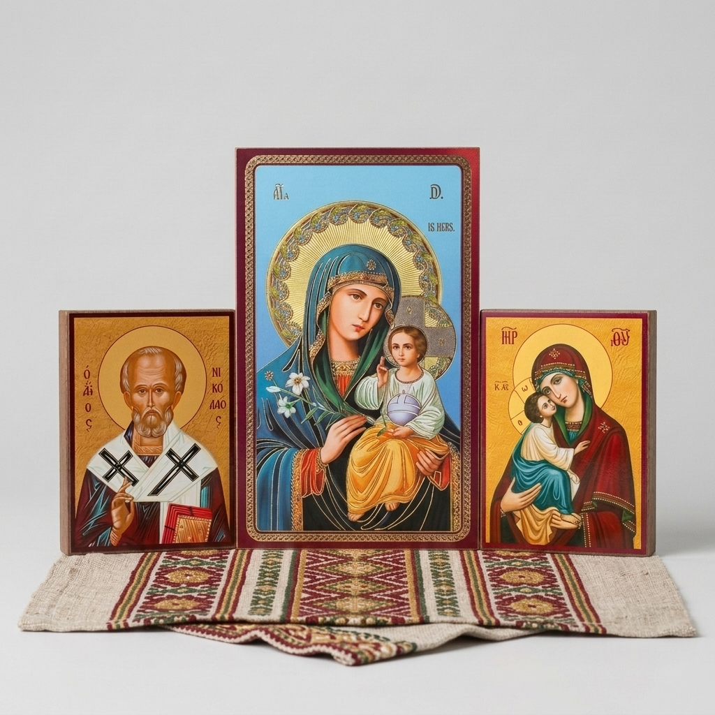 Icoana Tripla Din Lemn Cu Fecioara Maria